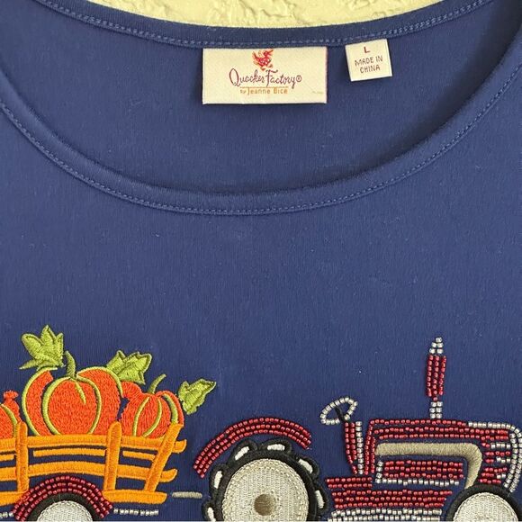 Quacker Factory Blue Embroidered Embellished Knit Fall Halloween Shirt Top Large - Picture 7 of 10